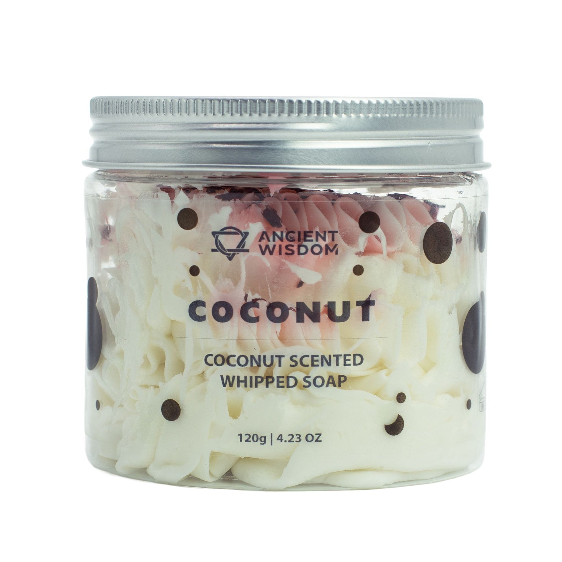 Coconut whipped soap with creamy tropical coconut fragrance and soft whipped texture in a clear jar