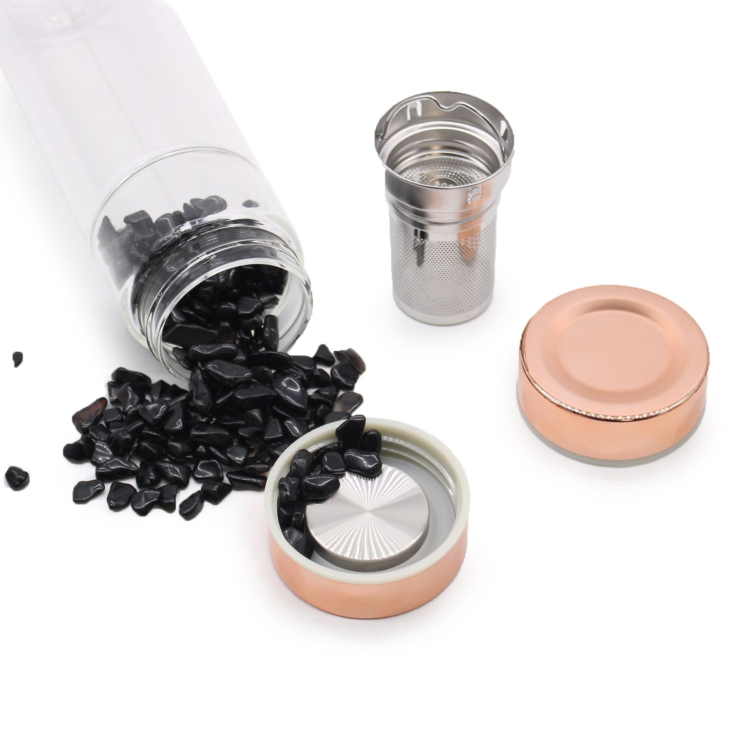 Crystal Glass Tea Infuser Bottle – Rose Gold – Black Onyx 500ml