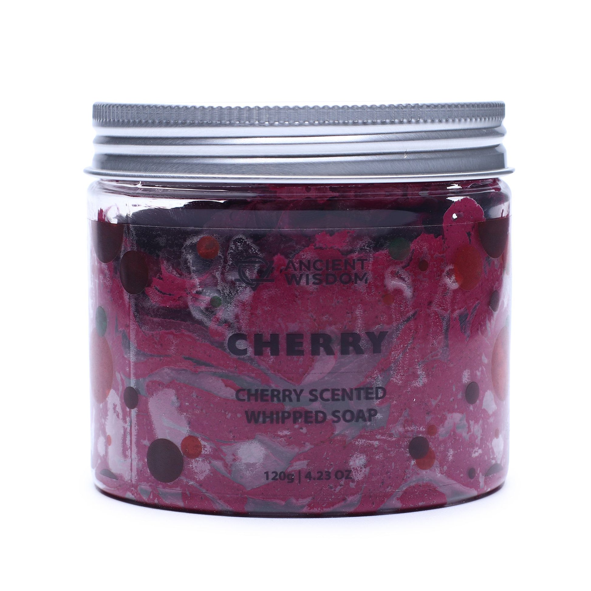 Cherry whipped soap with sweet juicy cherry fragrance and creamy texture in a clear jar
