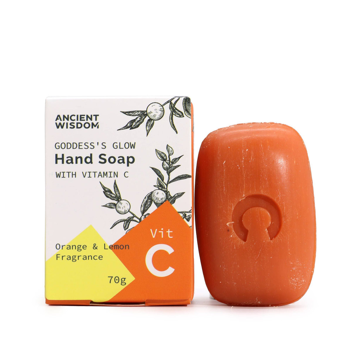 Orange Vitamin C hand soap with Orange and Lemon Peel Oils next to the box