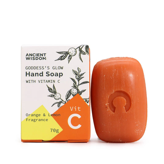 Orange Vitamin C hand soap with Orange and Lemon Peel Oils next to the box