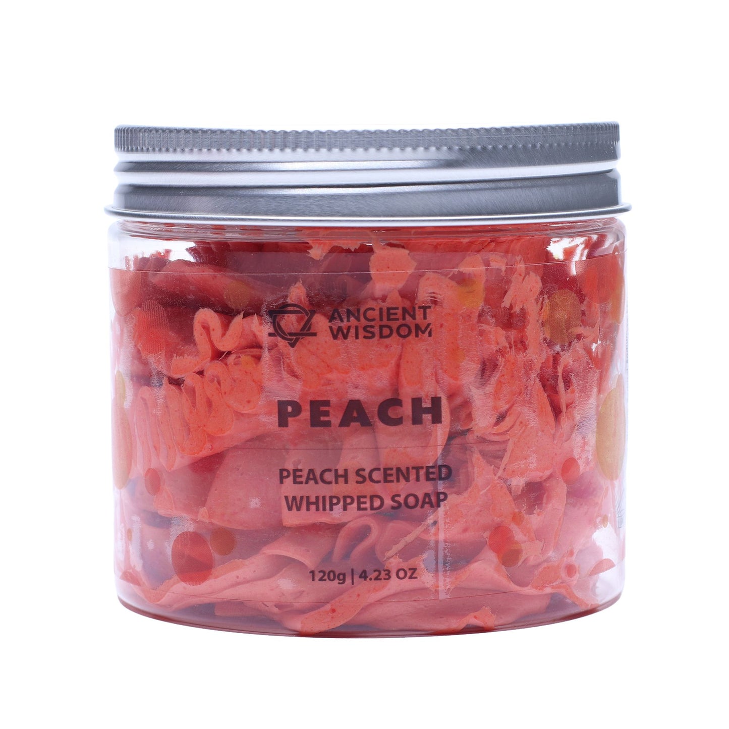 Peach whipped soap with sweet juicy peach fragrance and soft whipped texture in a clear jar