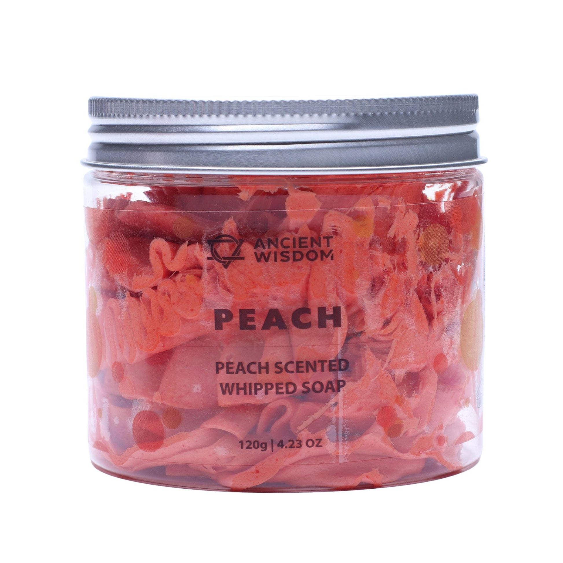 Peach whipped soap with sweet juicy peach fragrance and soft whipped texture in a clear jar
