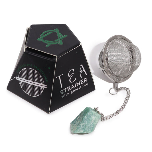 Stainless steel tea infuser with a raw green aventurine crystal  attached to the end of the chain.