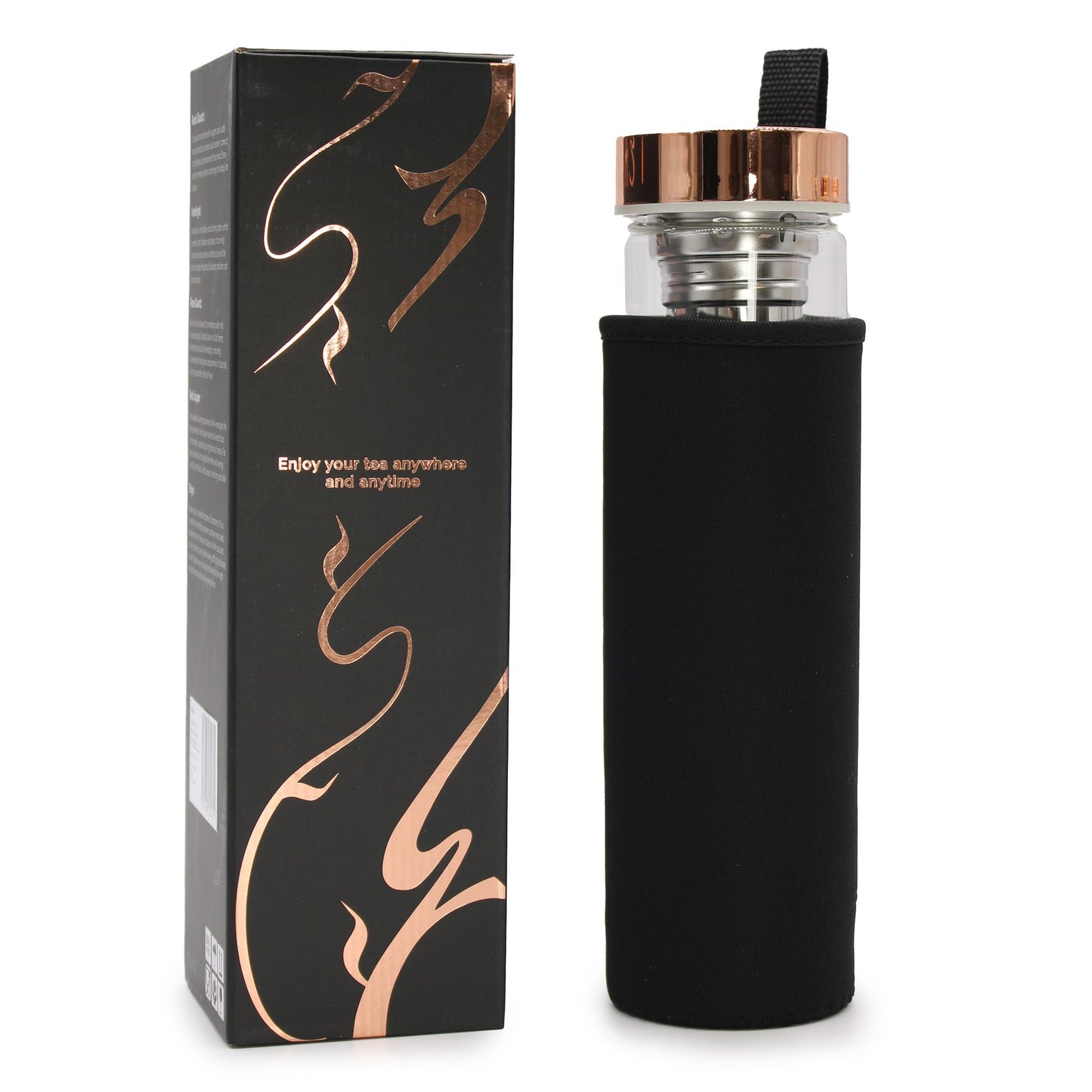Crystal Glass Tea Infuser Bottle – Rose Gold – Black Onyx 500ml