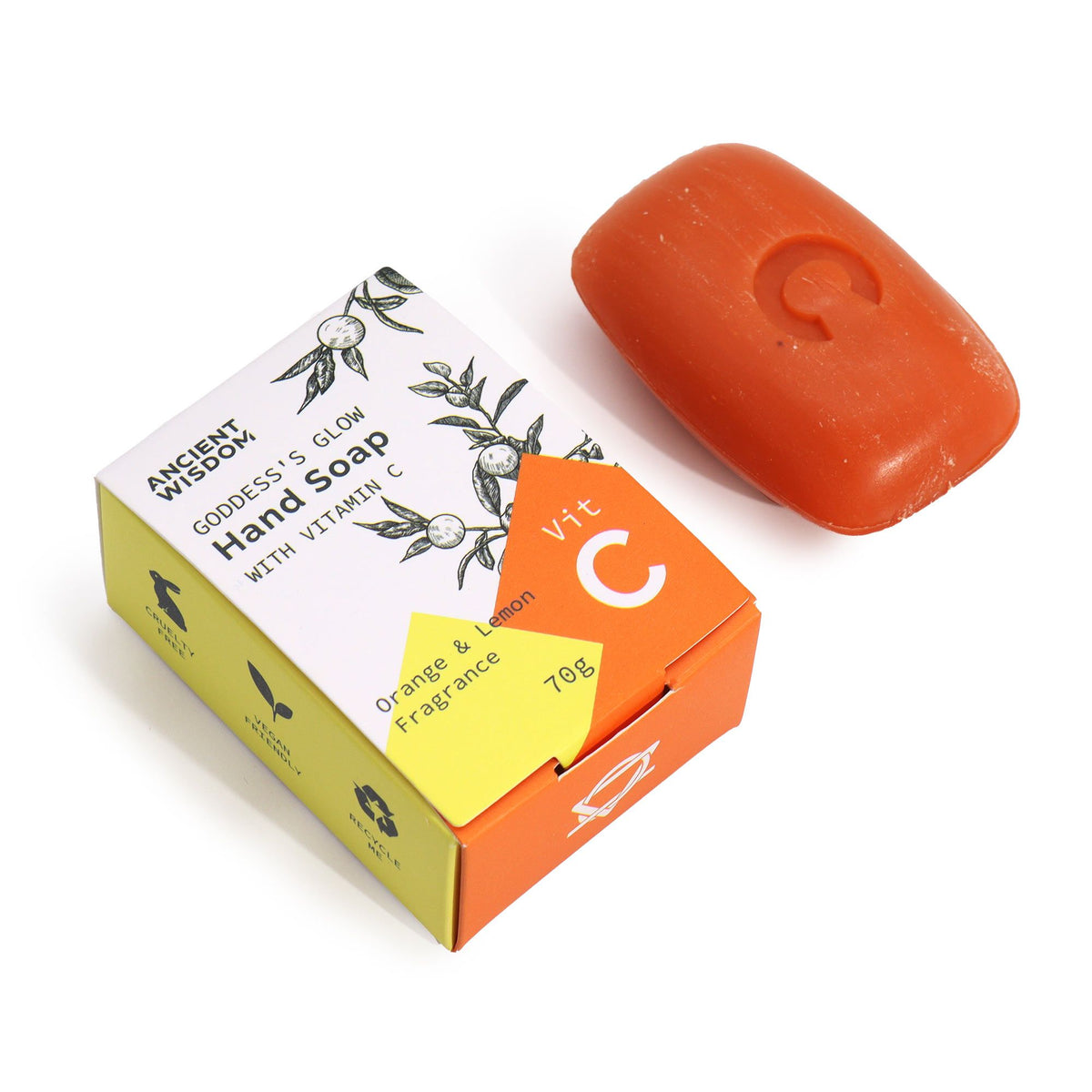 Orange Vitamin C hand soap with Orange and Lemon Peel Oils next to the box laying down