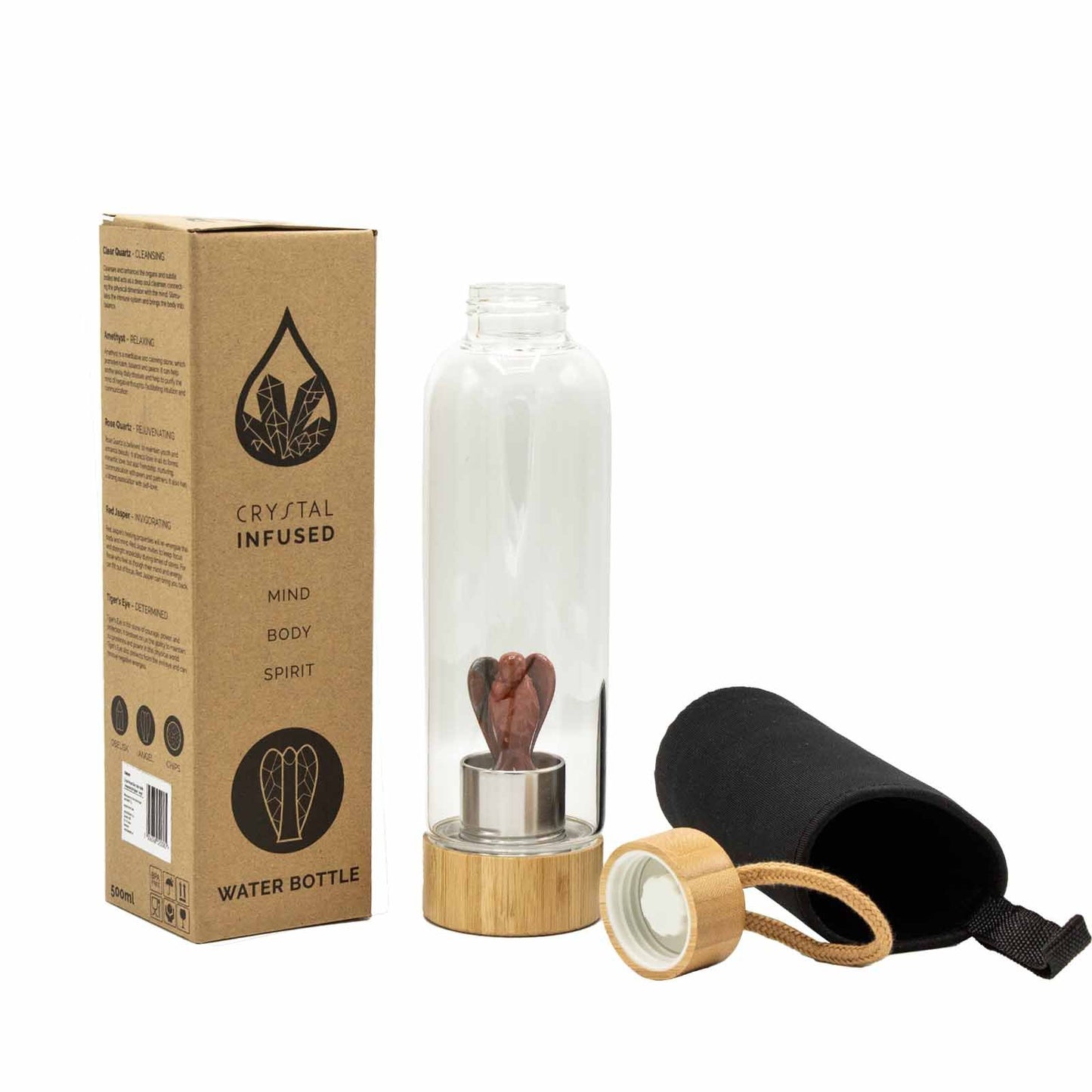 Glass water bottle with bamboo base and lid, containing red jasper angel