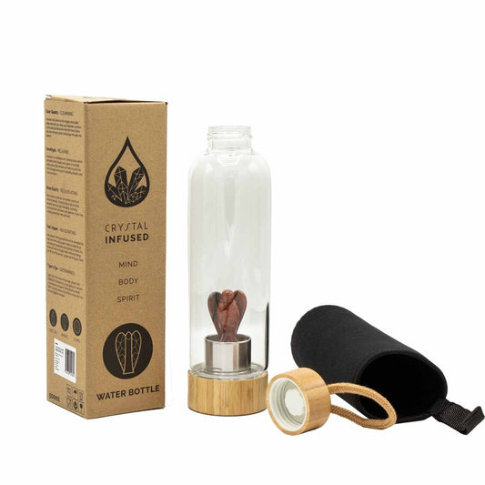 Glass water bottle with bamboo base and lid, containing red jasper angel