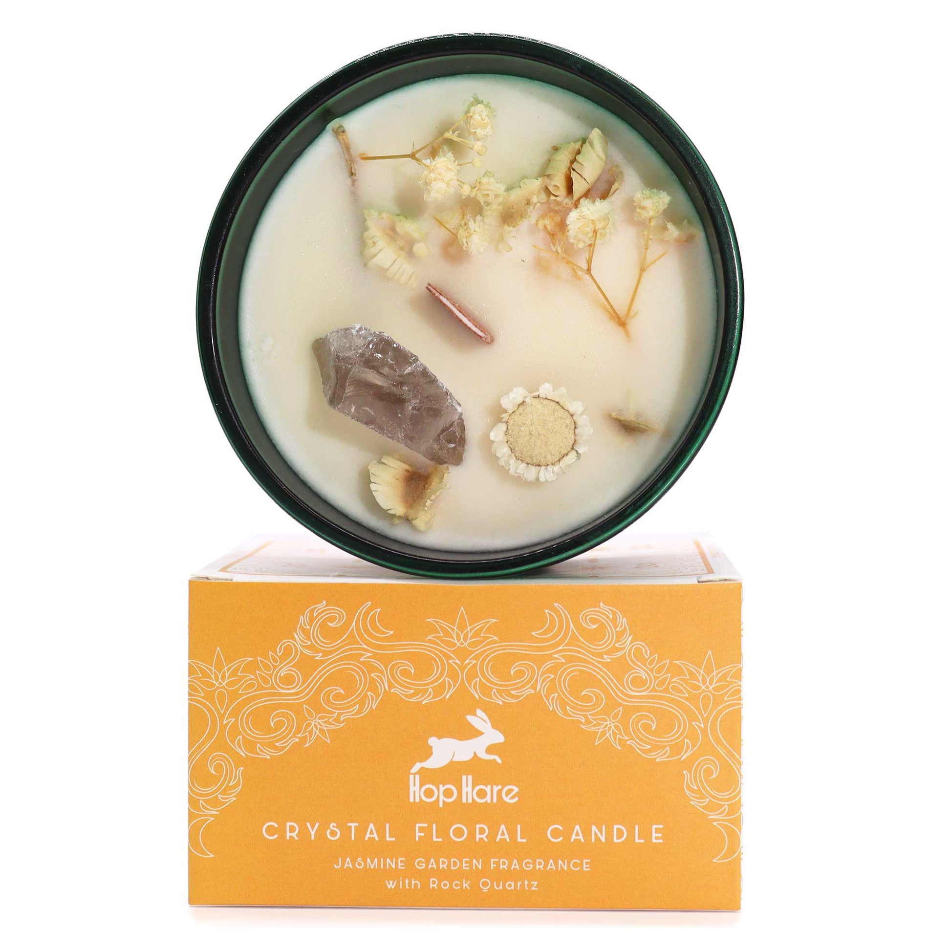 Soy wax candle with smoky quartz, dried flowers, wooden wick in dark green jars.