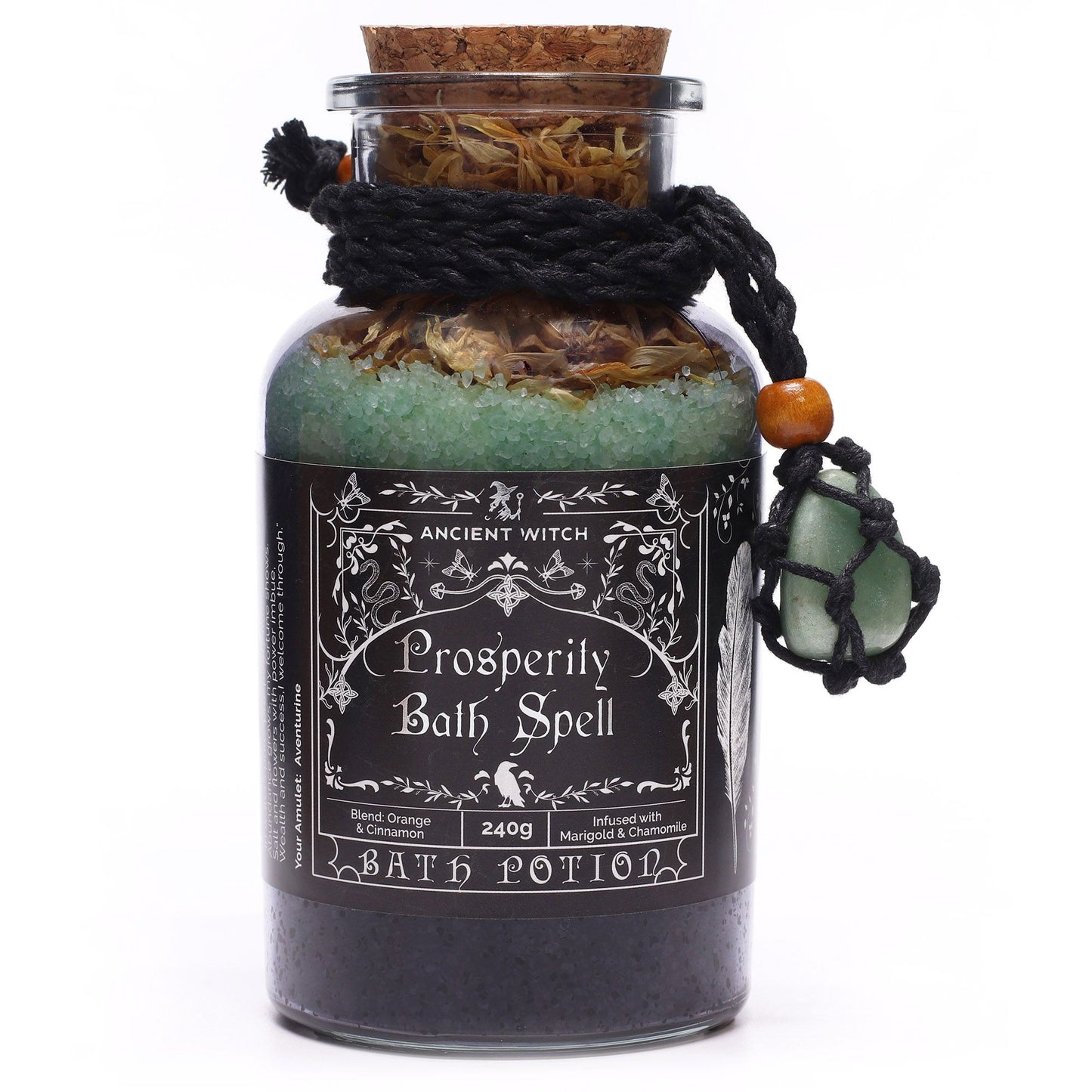 Glass bottle with cork lid filled with Himalayan bath salts, marigold and chamomile botanicals with Orange and Cinnamon essential oils and a green Aventurine crystal amulet