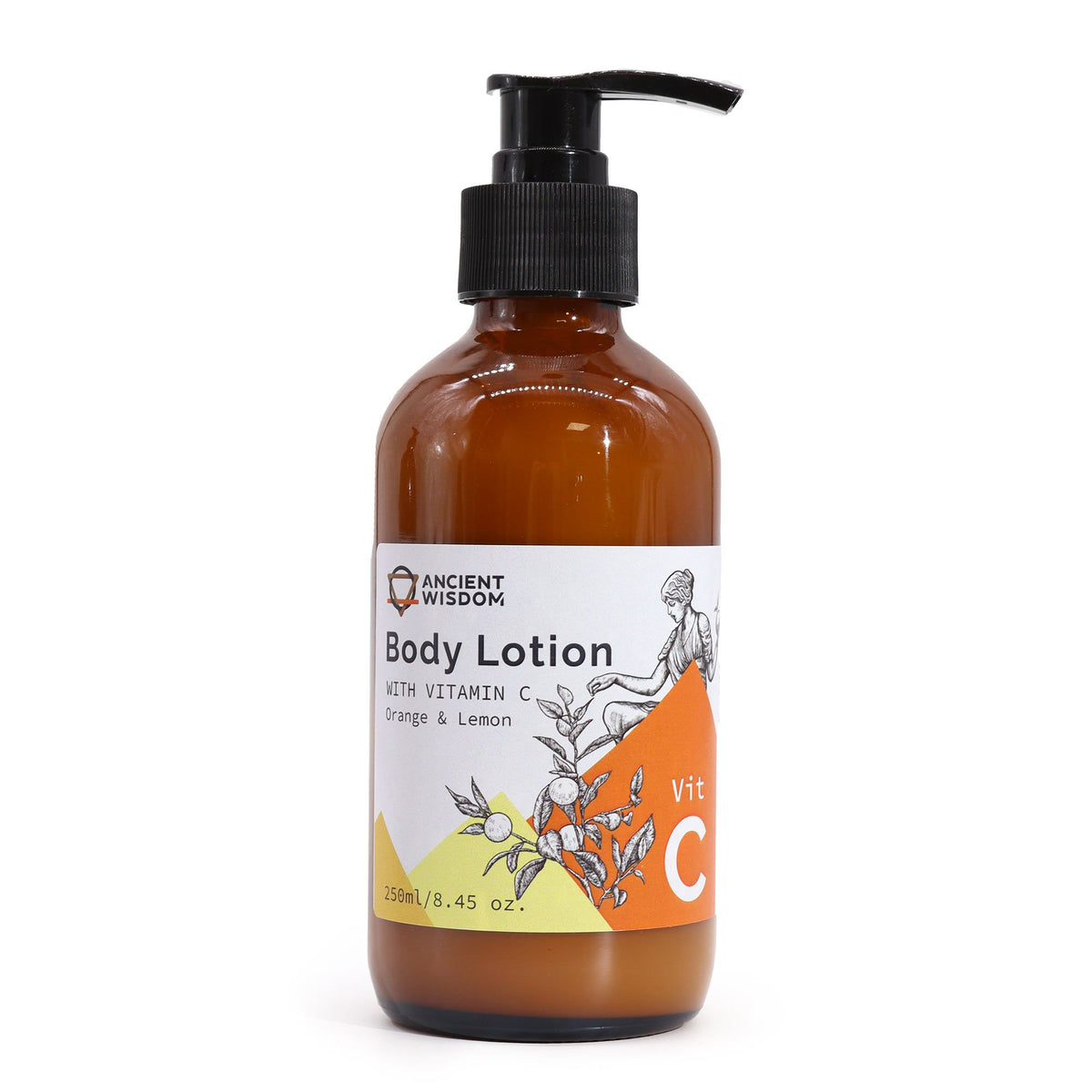 Vitamin C Goddess’s Body Lotion in amber glass bottle with easy to use pump and Orange & Lemon essential oils