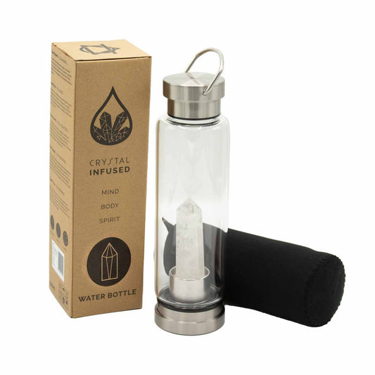 Glass water bottle with stainless steel base, lid and handle, containing clear quartz obelisk