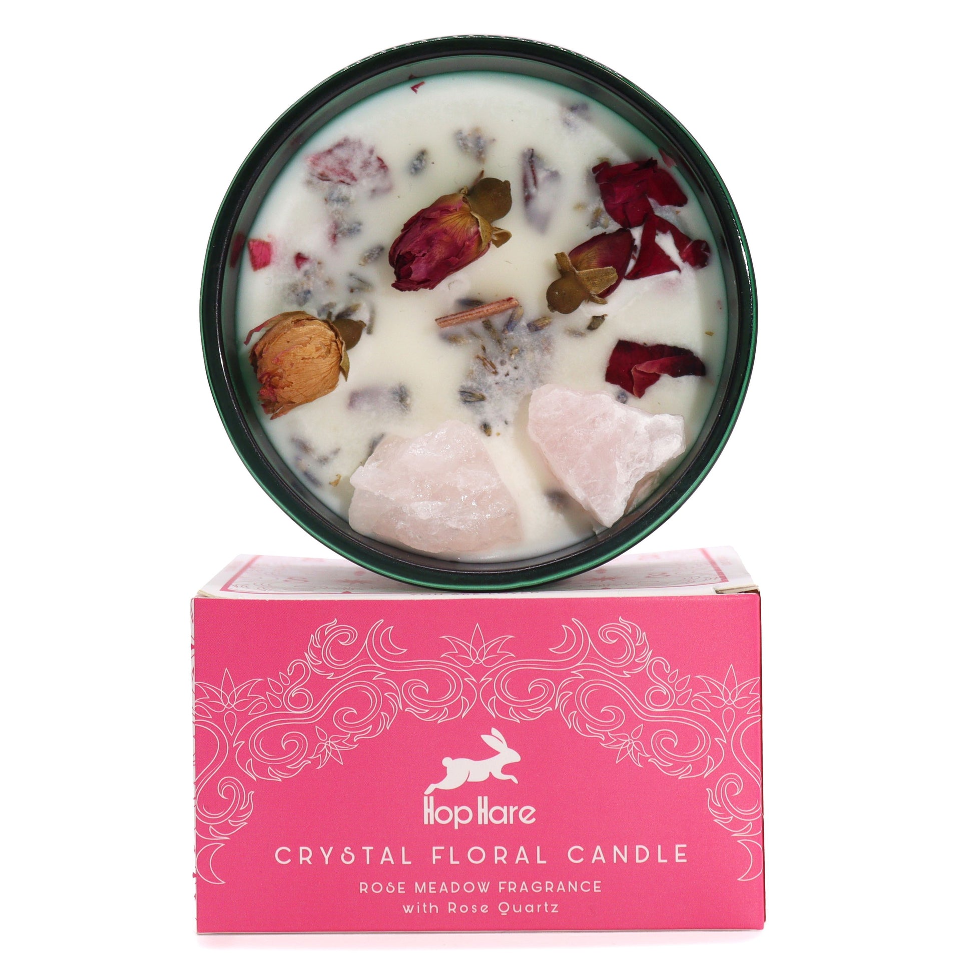 Soy wax candle with Rose Quartz crystals, dried rose petals, wooden wick in dark green jar.