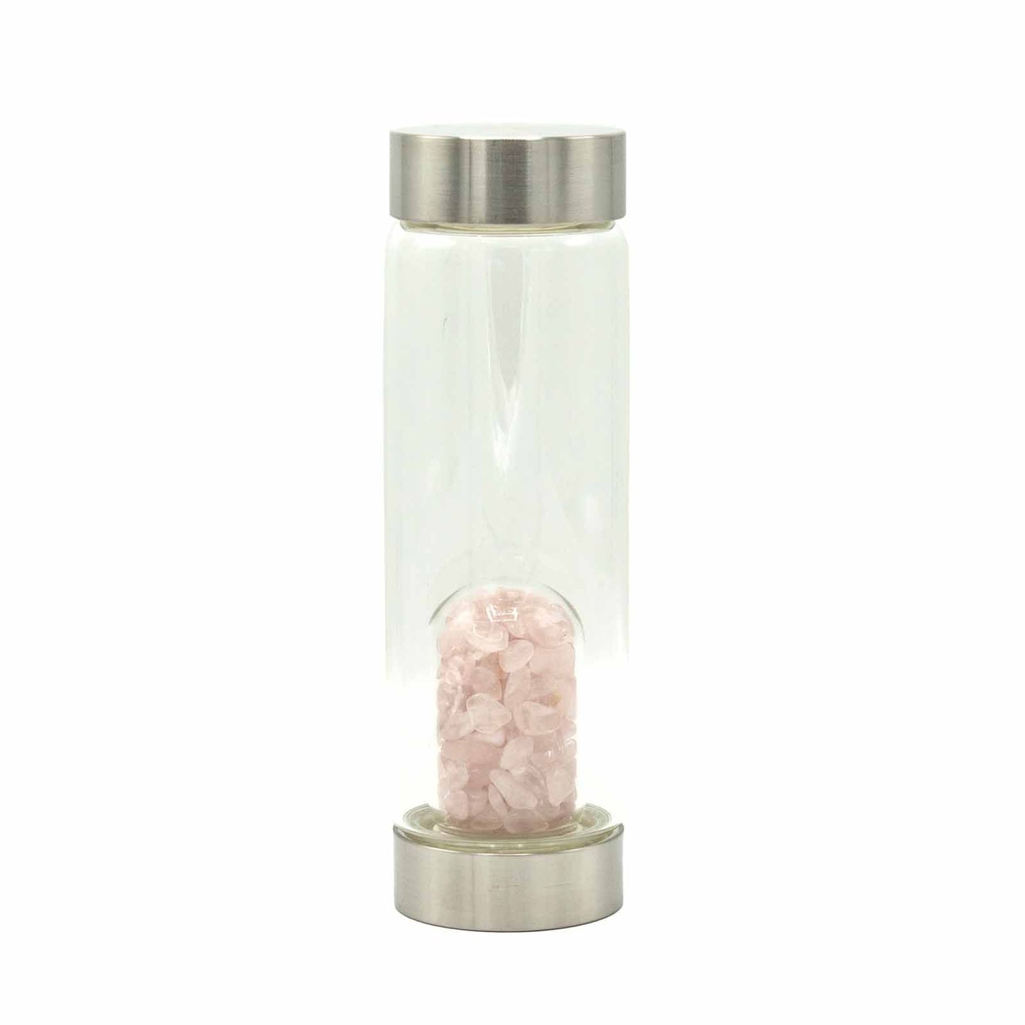 Crystal Infused Glass Water Bottle – Rose Quartz Crystal Chips Dome - 500ml