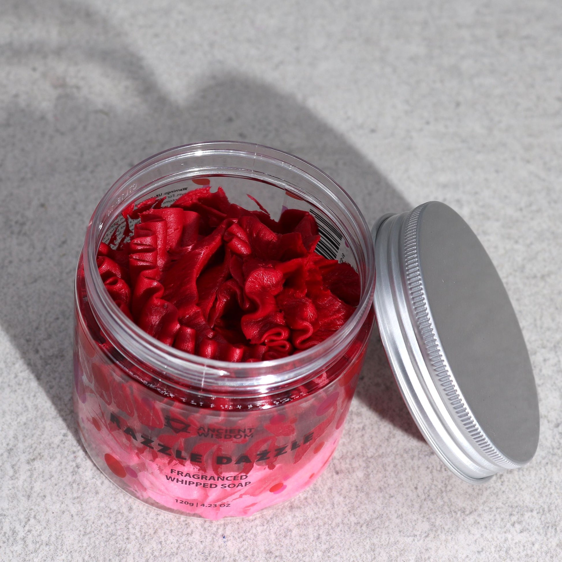 Razzle Dazzle whipped soap with juicy raspberry slush fragrance in a clear jar