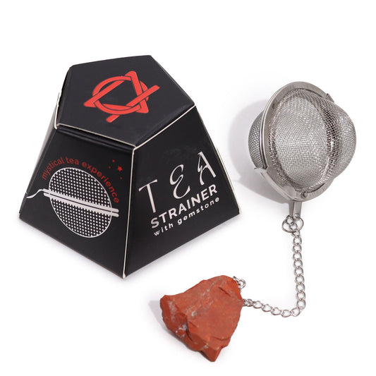 Stainless steel tea infuser with a raw red jasper crystal  attached to the end of the chain.