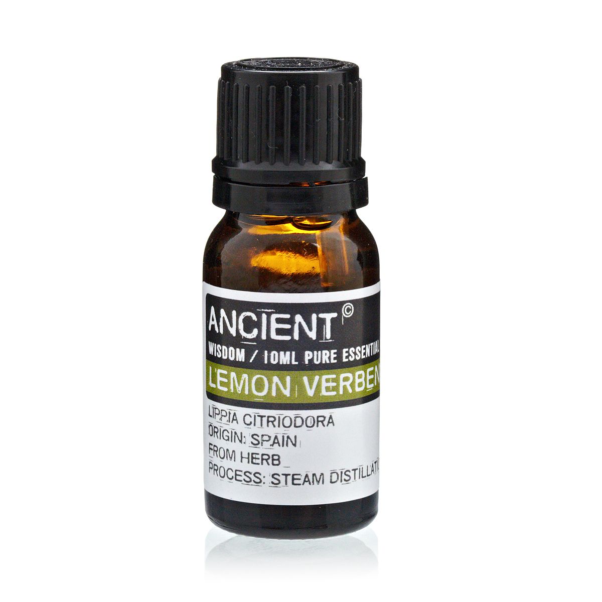 10ml lemon verbena essential oil in amber glass bottle