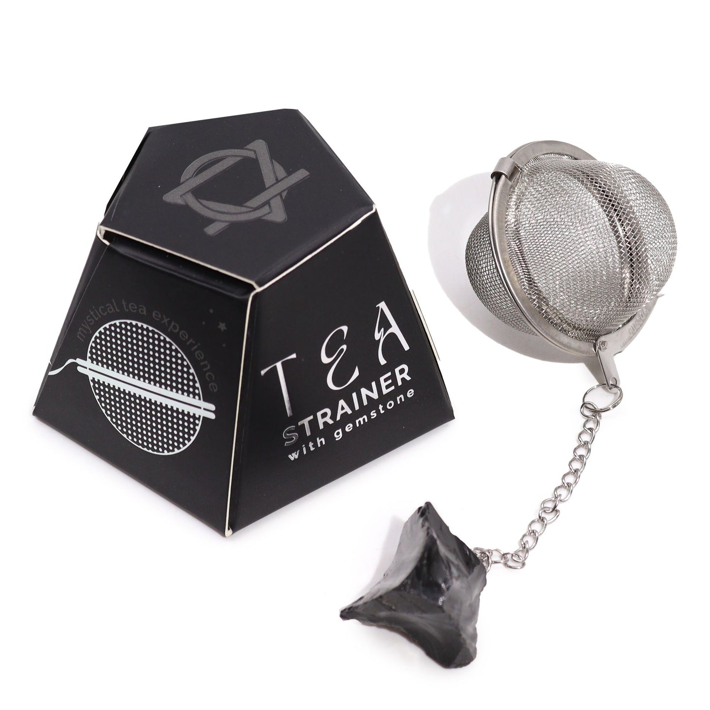 Stainless steel tea infuser with a raw black obsidian crystal attached to the end of the chain.