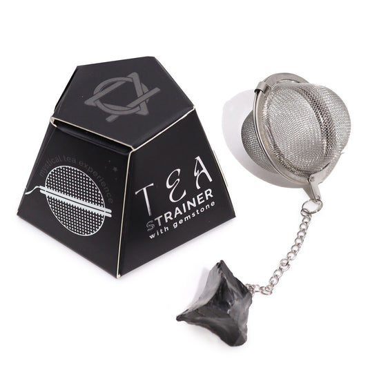 Stainless steel tea infuser with a raw black obsidian crystal attached to the end of the chain.