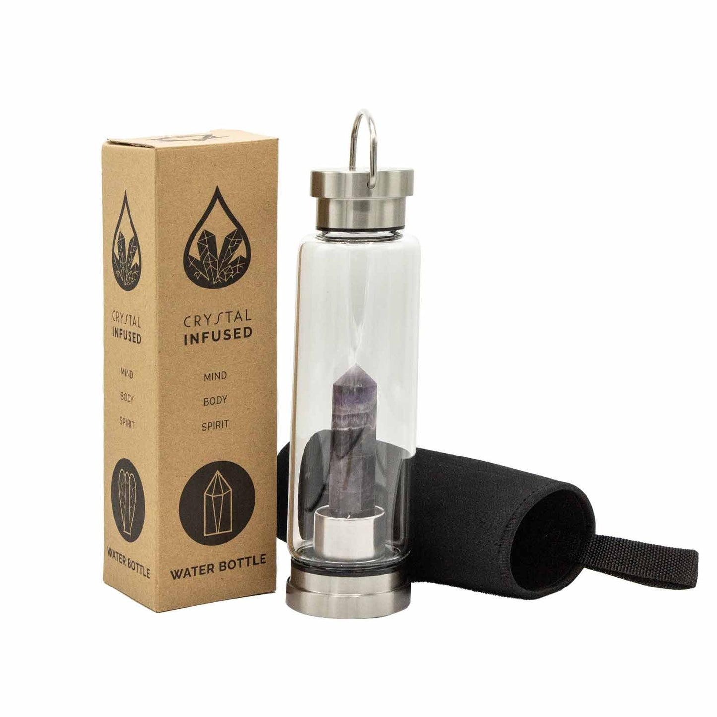 Glass water bottle with stainless steel base, lid and handle, containing amethyst obelisk