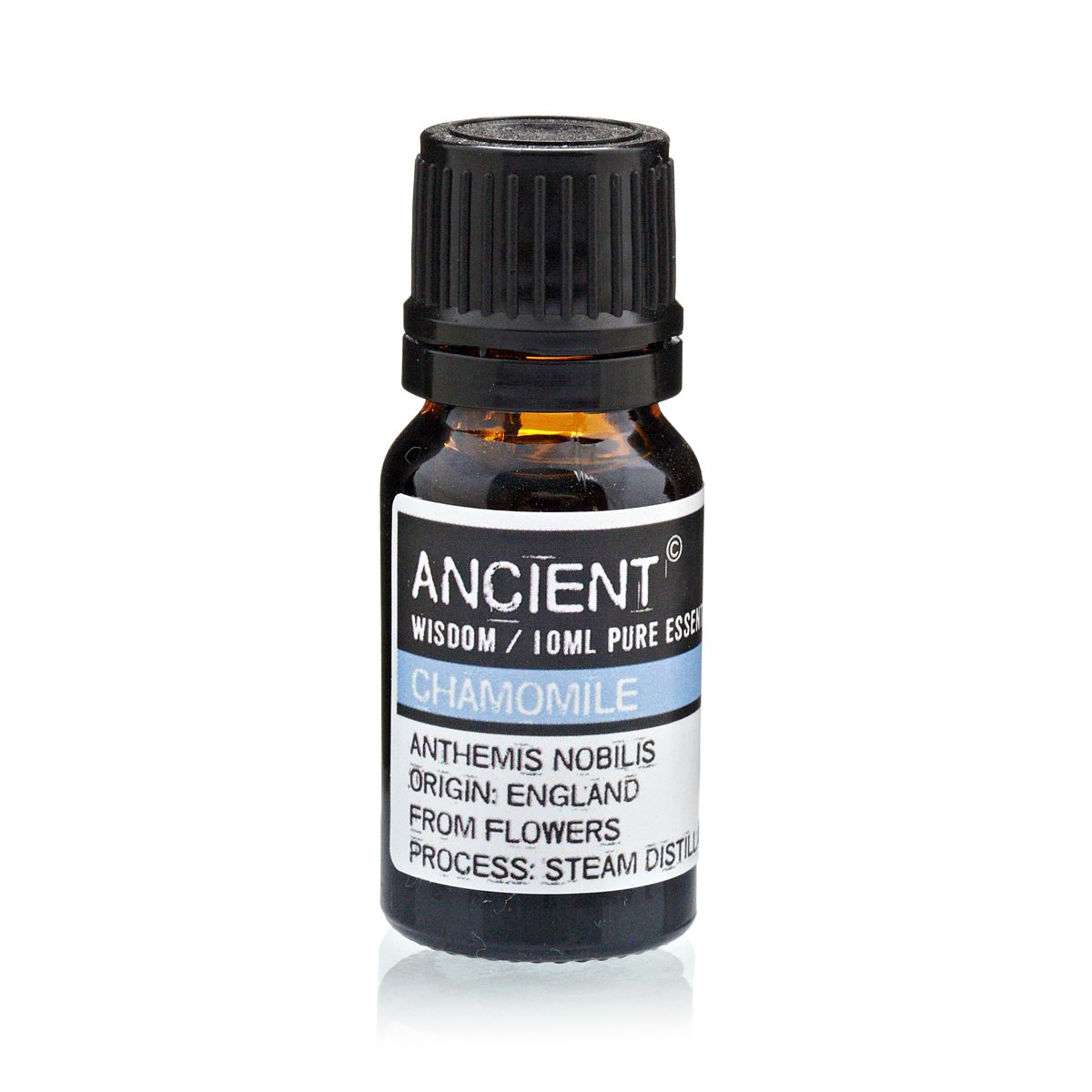 10ml chamomile essential oil in amber glass bottle