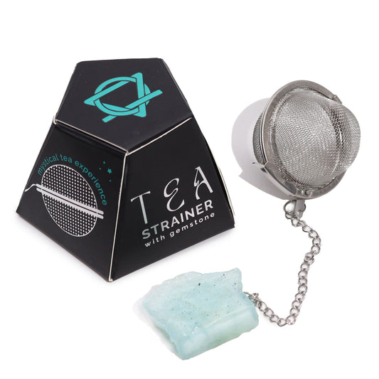 Stainless steel tea infuser with a raw aquamarine crystal attached to the end of the chain.