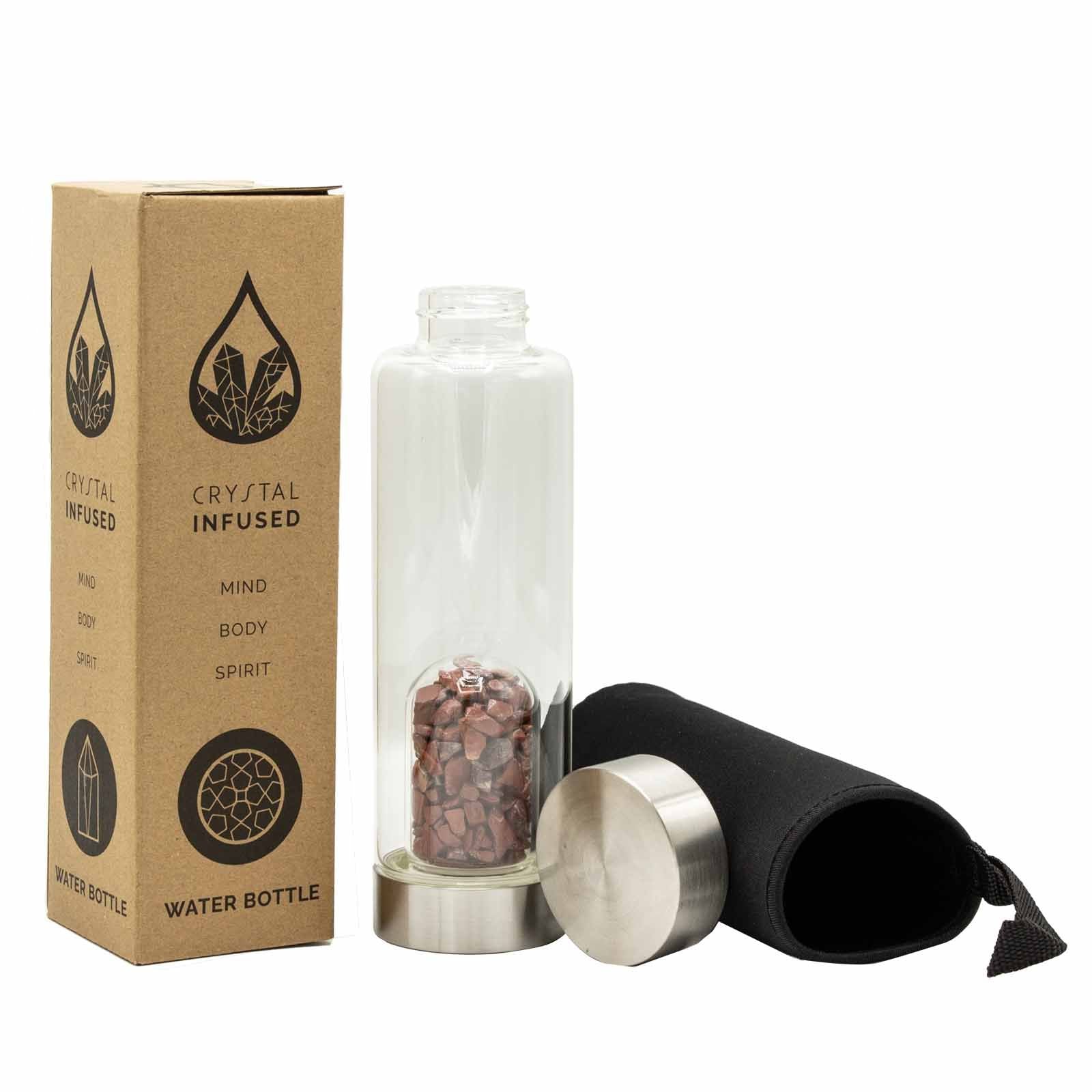 Glass water bottle with stainless steel base and lid, containing red jasper chip dome