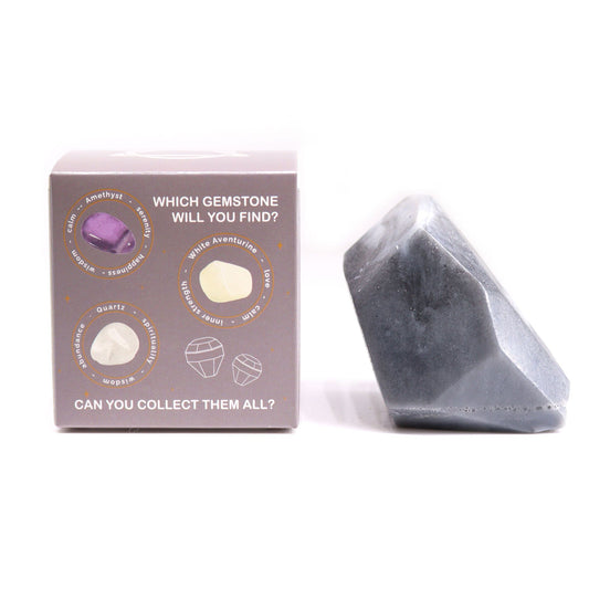 Grey Crystal Elemental Air soap bar with surprise natural gemstone in a gift box