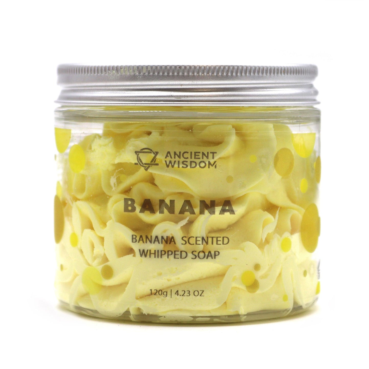 Banana whipped soap with sweet creamy banana fragrance and soft whipped texture in a clear jar