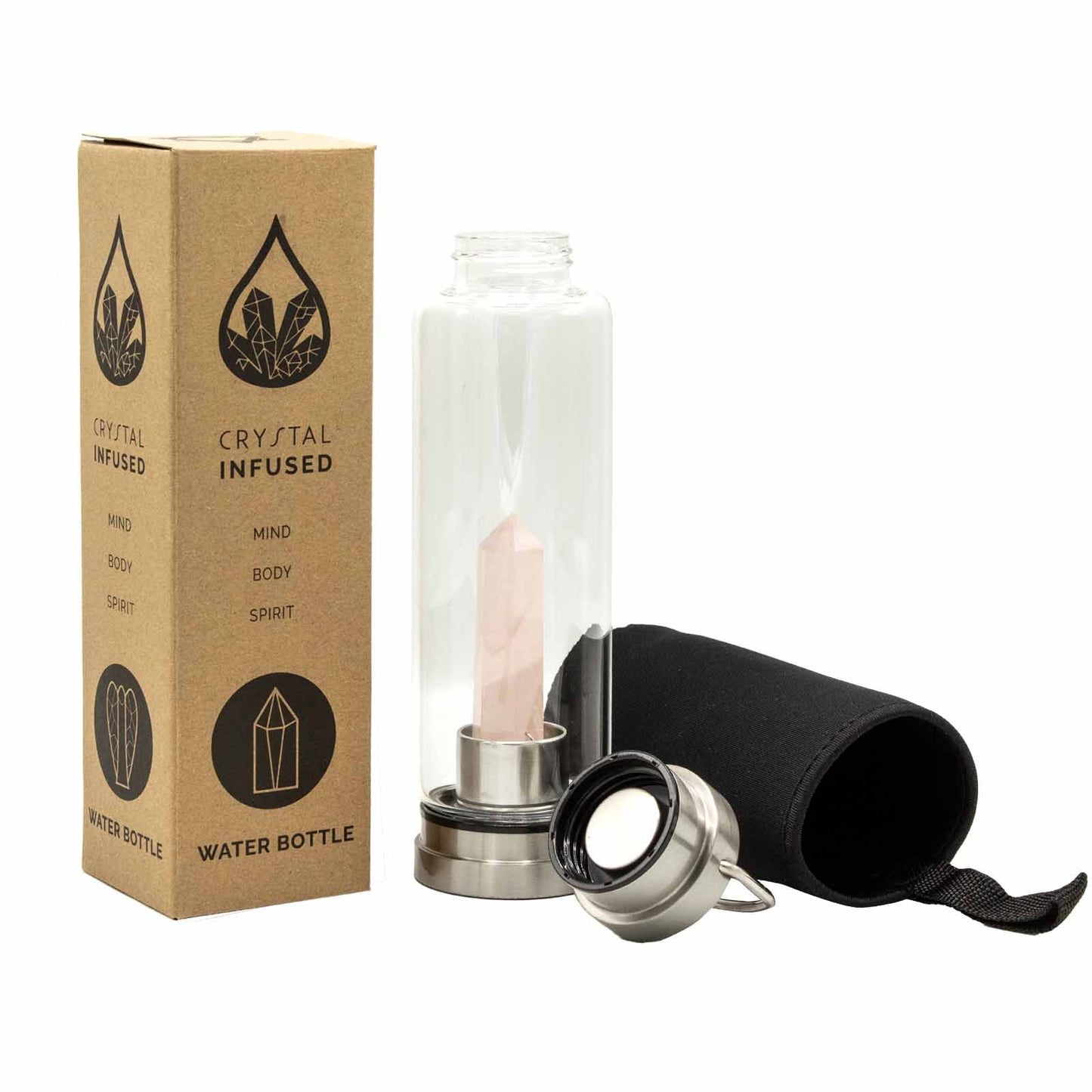 Glass water bottle with stainless steel base, lid and handle, containing rose quartz obelisk