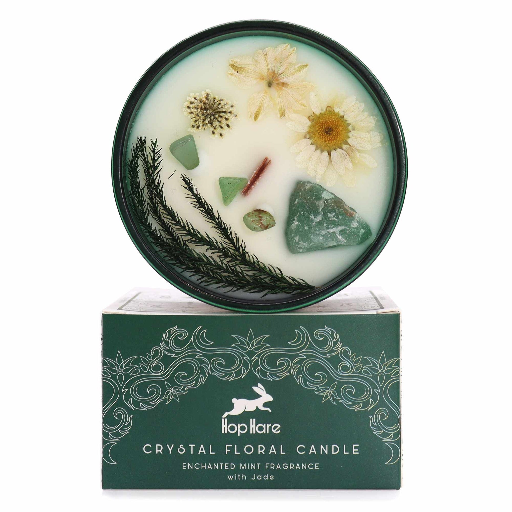 Soy wax candle with Jade crystals, dried flowers, wooden wick in dark green jars.