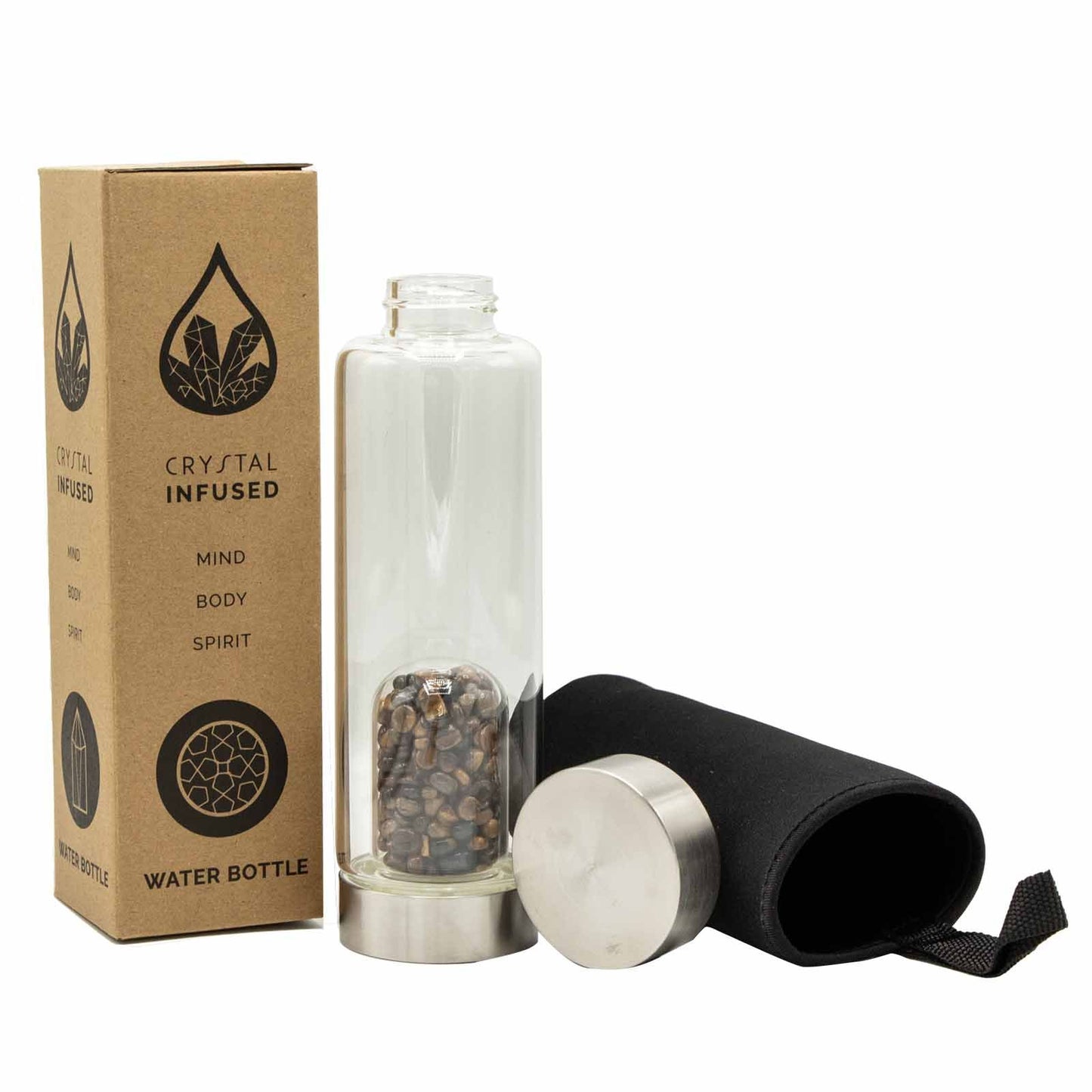 Glass water bottle with stainless steel base and lid, containing tiger’s eye chip dome
