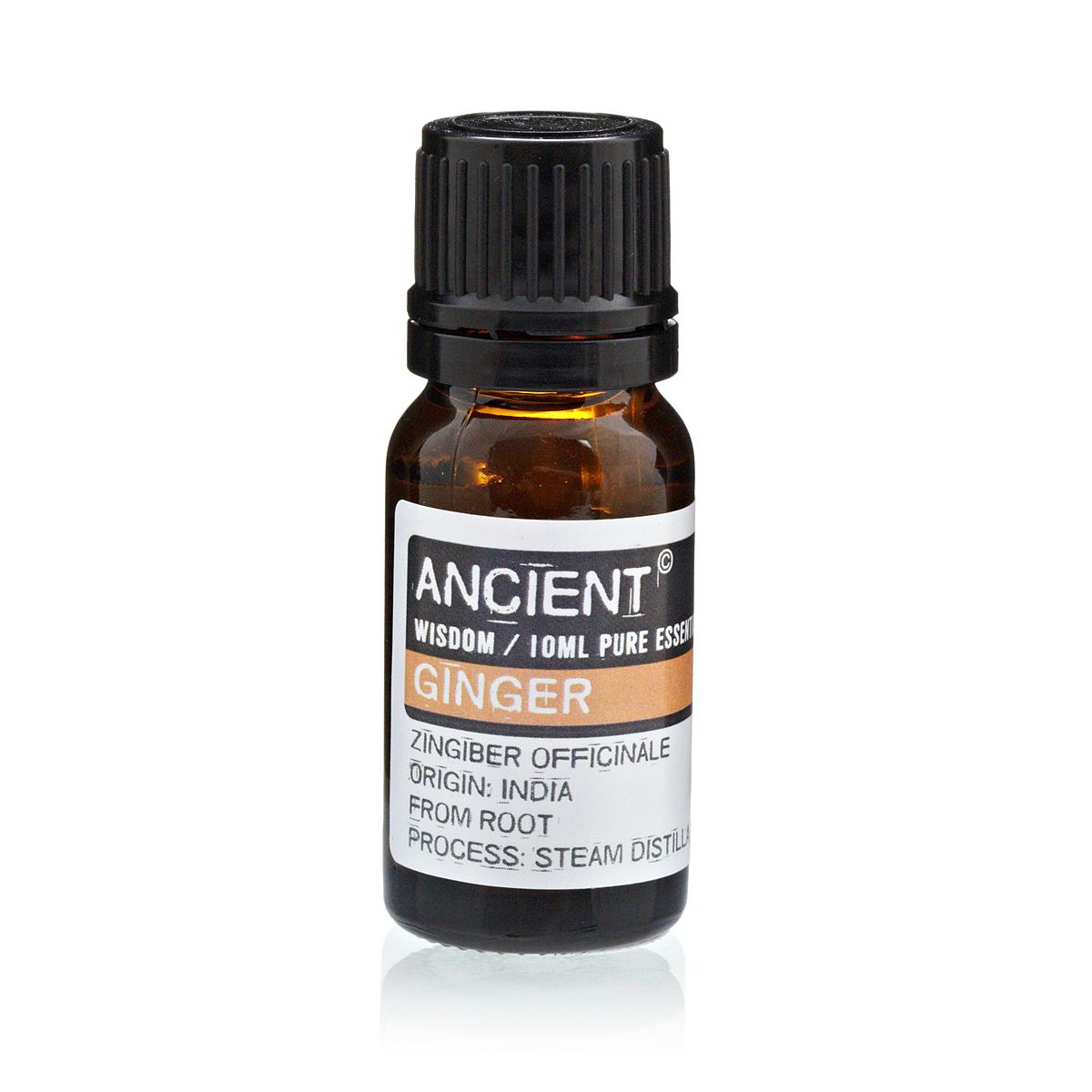 10ml ginger essential oil in amber glass bottle