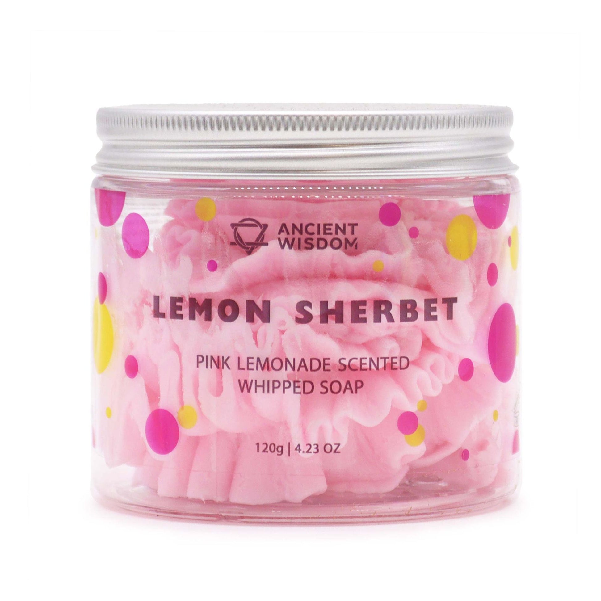 Lemon Sherbet whipped soap with sweet citrus fragrance and creamy texture in a clear jar