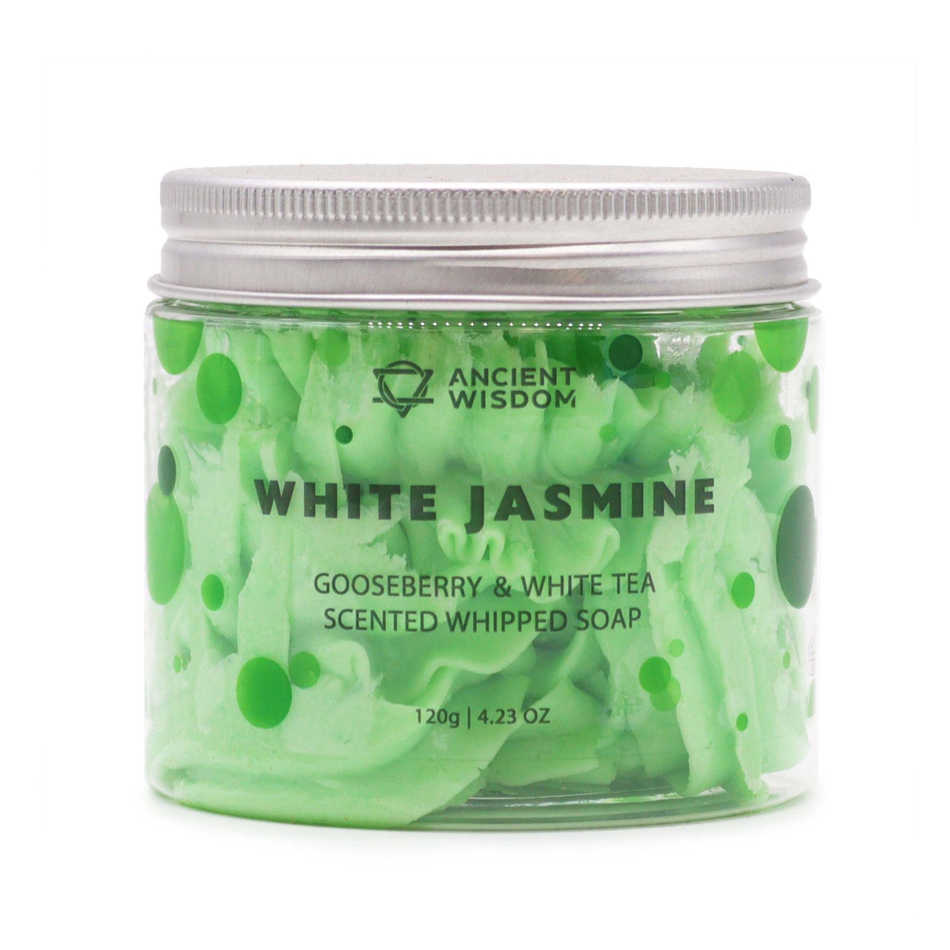Gooseberry and White Tea whipped soap with fresh fruity fragrance and creamy texture in a clear jar