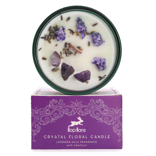 Soy wax candle with Amethyst crystals, dried lavender flowers, wooden wick in dark green jar.