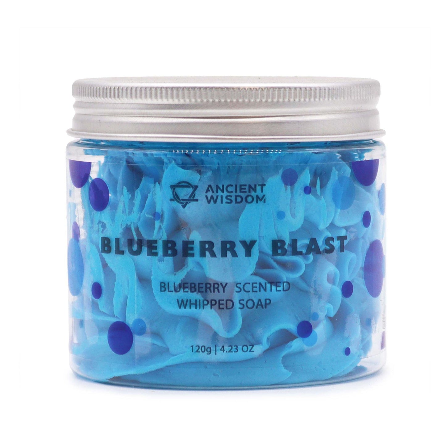 Blueberry whipped soap with sweet blueberry fragrance and creamy whipped texture in a clear jar