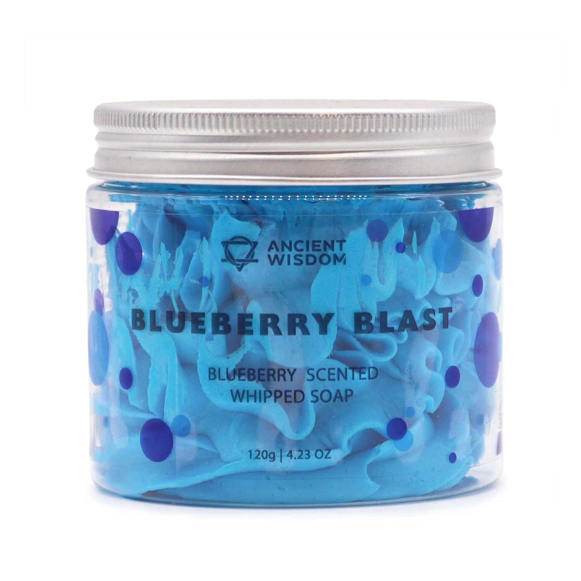 Blueberry whipped soap with sweet blueberry fragrance and creamy whipped texture in a clear jar