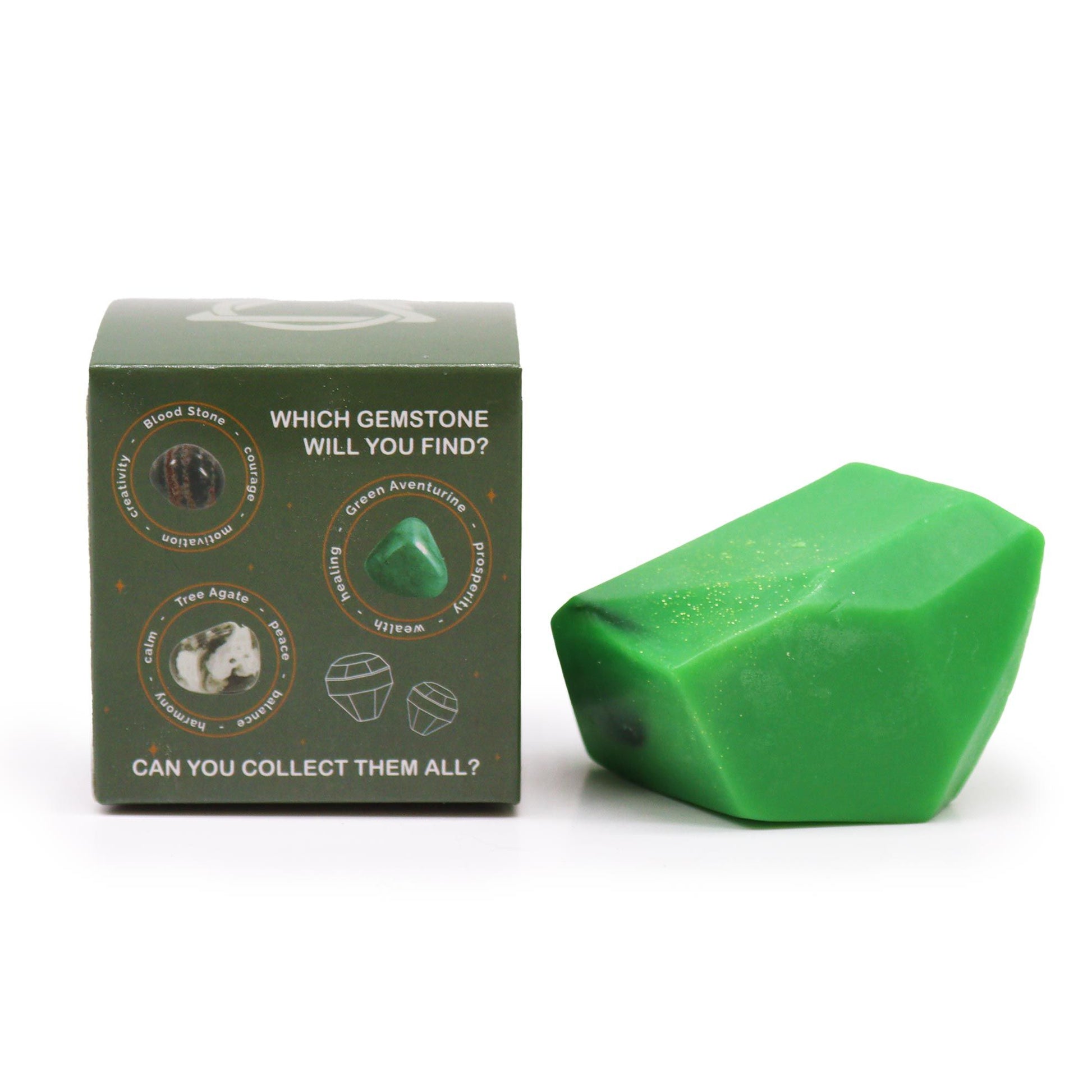 Green Crystal Elemental Earth soap bar with surprise natural gemstone in a gift box