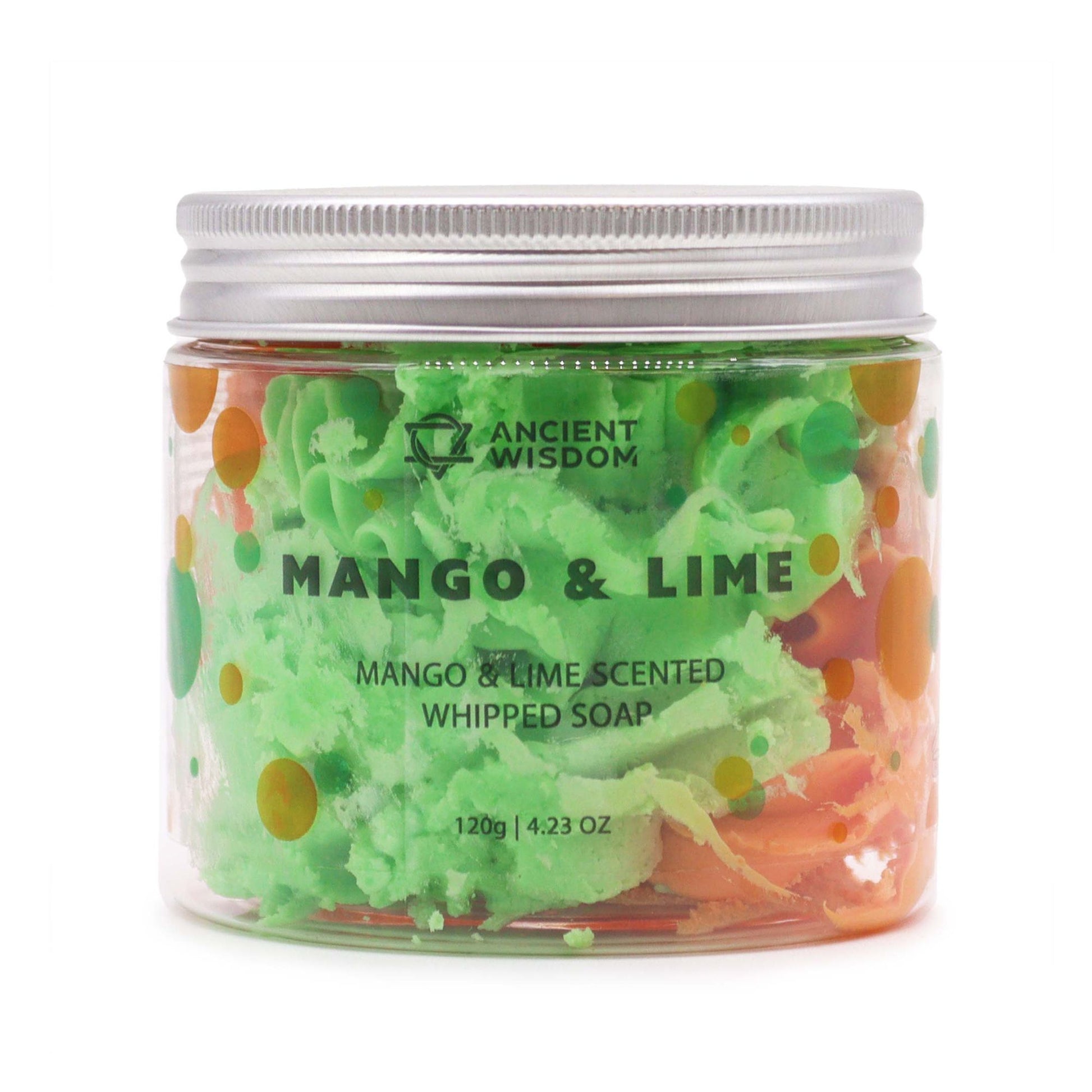 Mango and Lime whipped soap with tropical fruity fragrance and creamy texture in a clear jar
