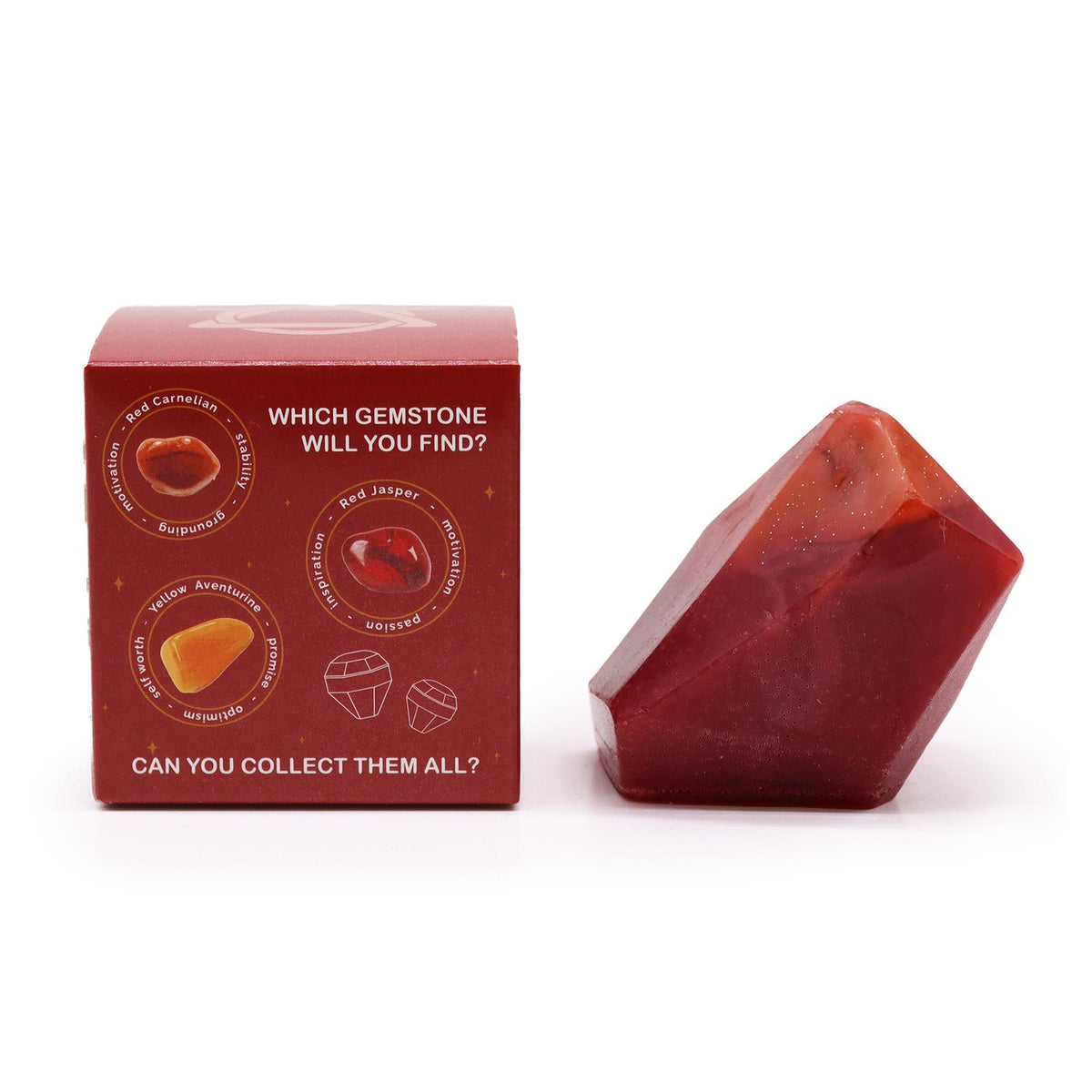 Red Crystal Elemental Fire soap bar with surprise natural gemstone in a gift box