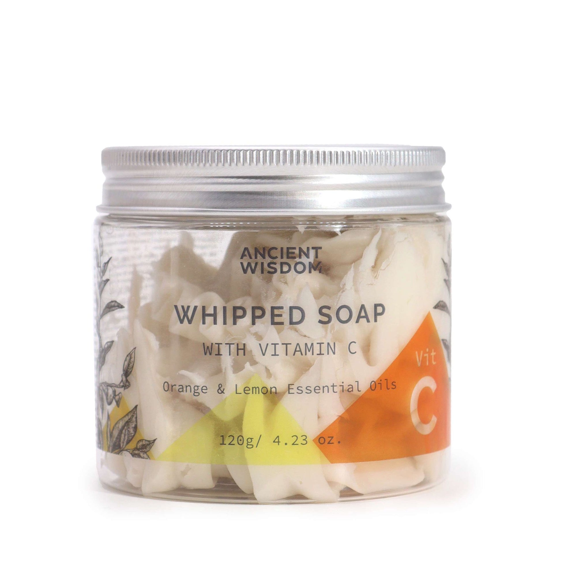 Vitamin C aromatherapy whipped soap with orange and lemon essential oils in a clear jar