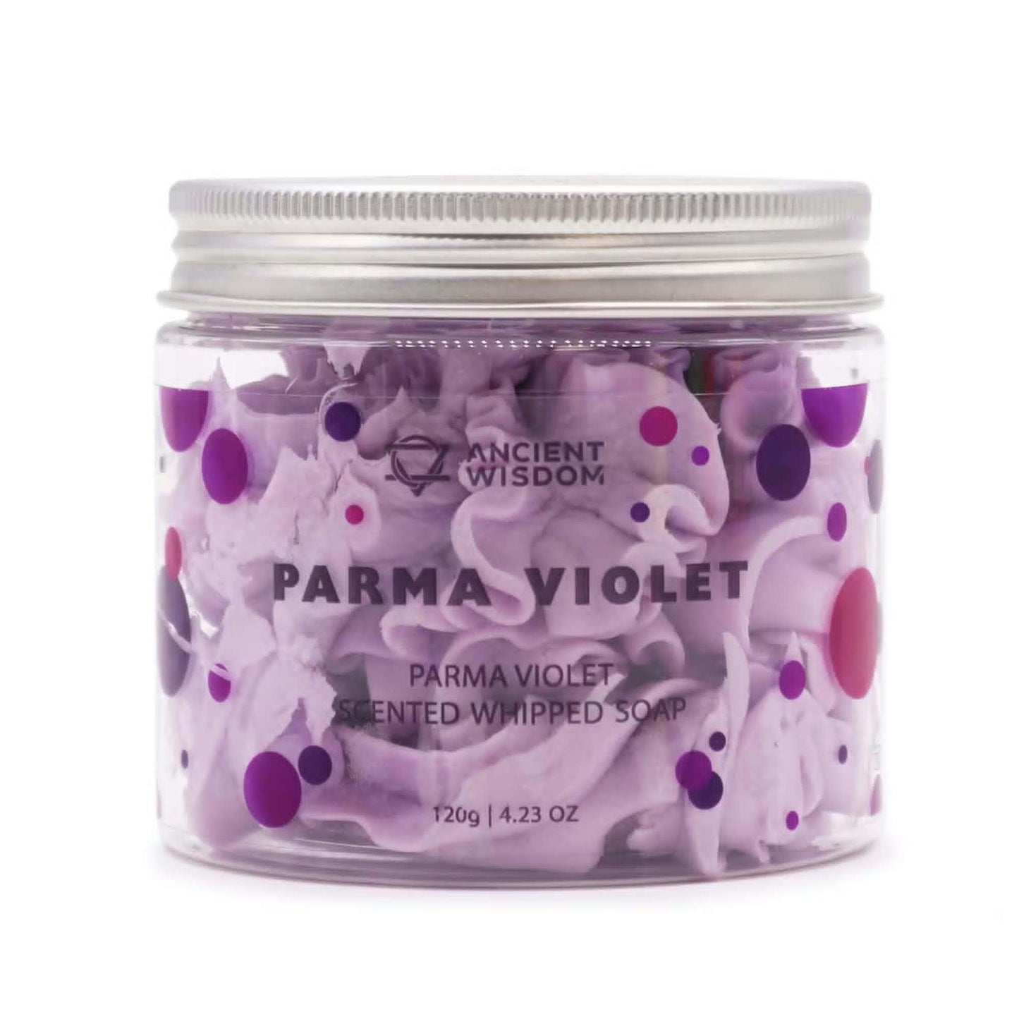 Parma Violet whipped soap with sweet floral violet fragrance and creamy texture in a clear jar
